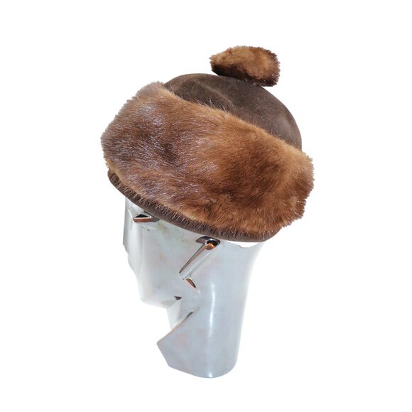 Vintage Fur Beret PomPom Winter Hat - Picture 1 of 5